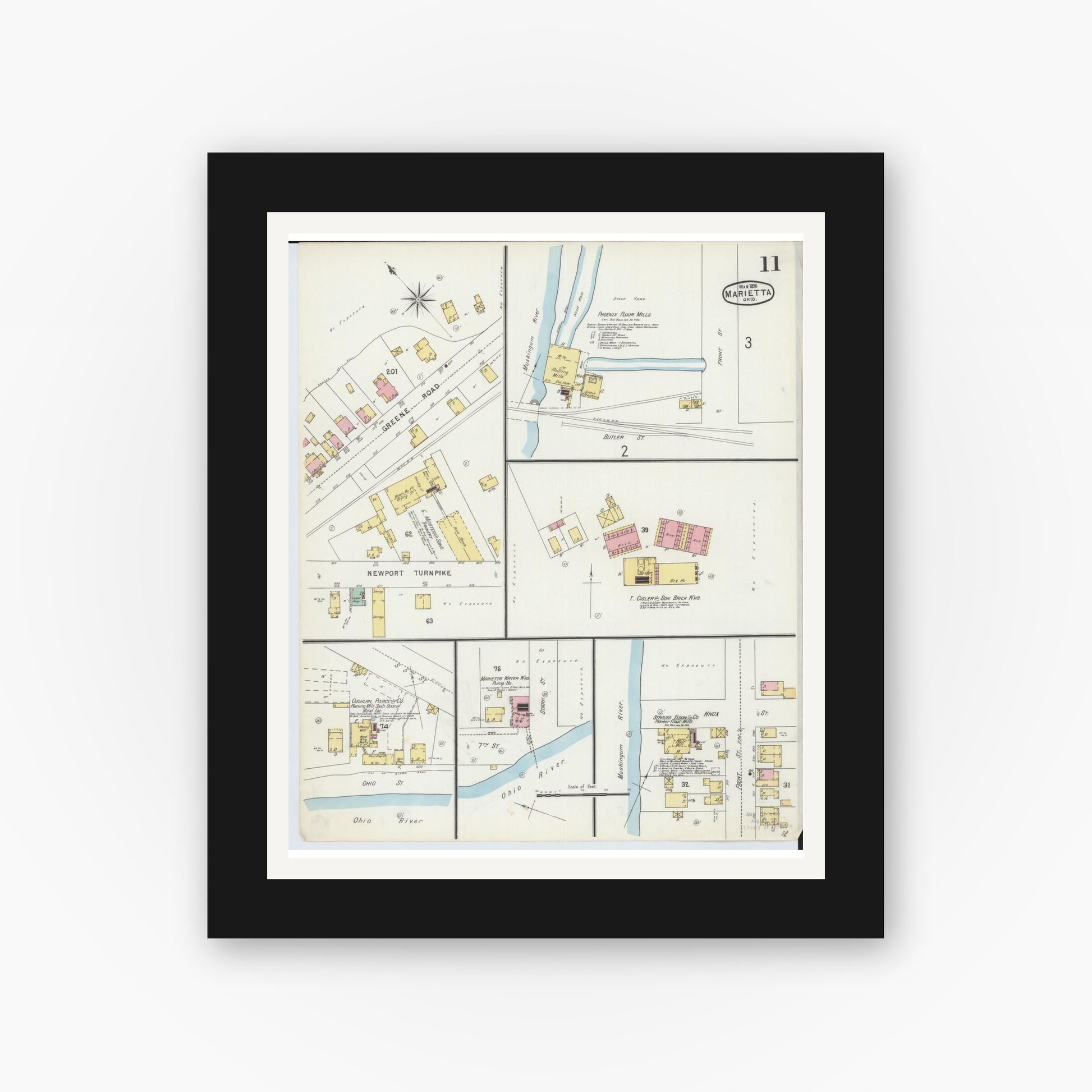 Old map wall art mockup — black gallery frame with white mat — Sanborn Fire Insurance Map from Marietta, Washington County, Ohio (1896), Sheet #0011