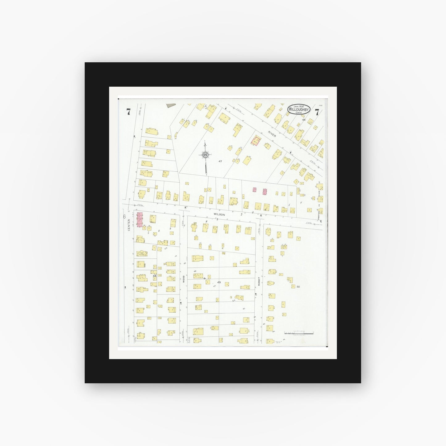 Old map wall art mockup — black gallery frame with white mat — Sanborn Fire Insurance Map from Willoughby, Lake County, Ohio (1931), Sheet #0007