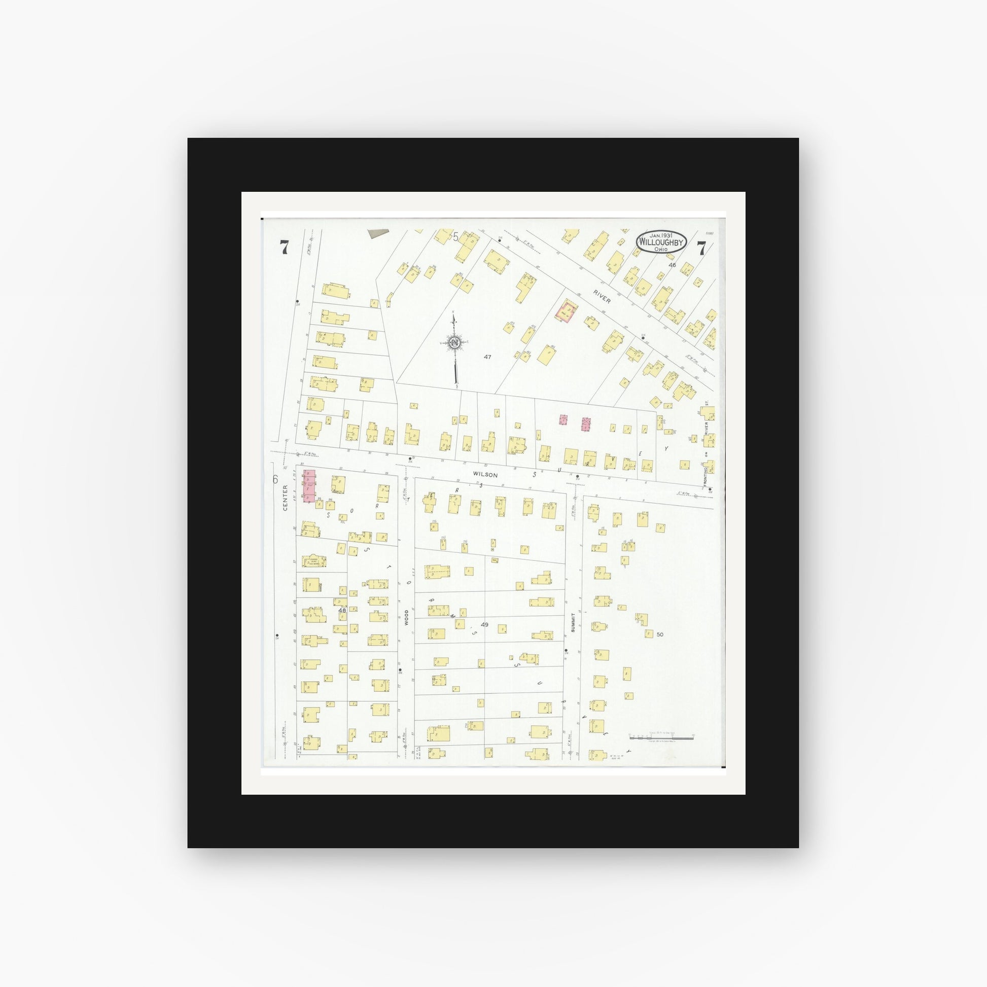 Old map wall art mockup — black gallery frame with white mat — Sanborn Fire Insurance Map from Willoughby, Lake County, Ohio (1931), Sheet #0007