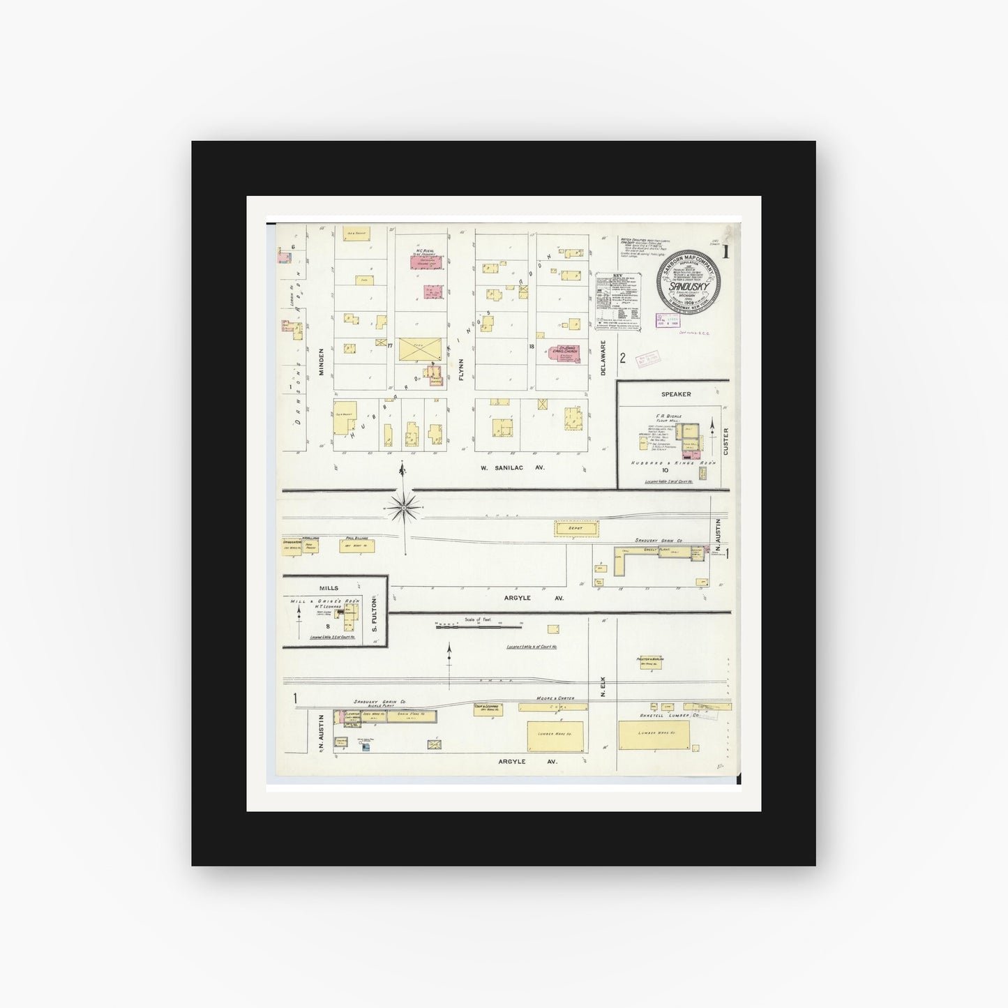 Old map wall art mockup — black gallery frame with white mat — Sanborn Fire Insurance Map from Sandusky, Sanilac County, Michigan (1909) - Complete Map Set