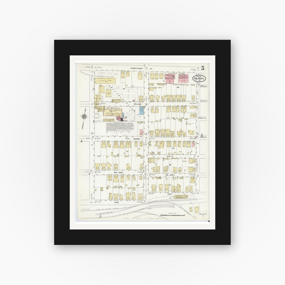Old map wall art mockup — black gallery frame with white mat — Sanborn Fire Insurance Map from Pen Argyl, Northampton County, Pennsylvania (1912), Sheet #0005