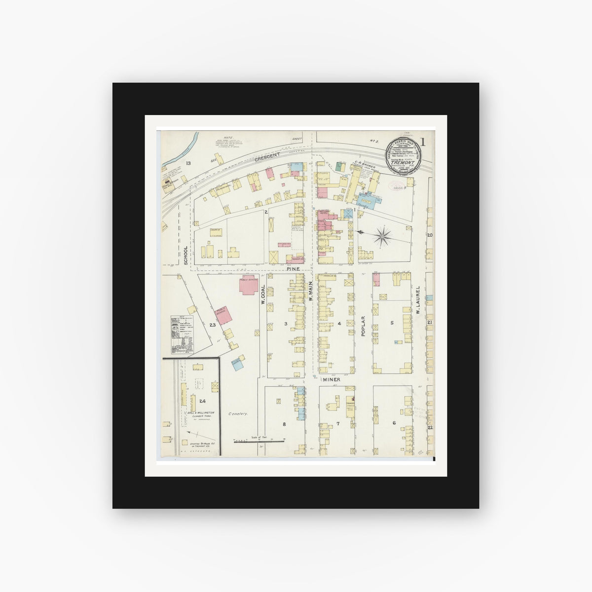 Old map wall art mockup — black gallery frame with white mat — Sanborn Fire Insurance Map from Tremont, Schuylkill County, Pennsylvania (1891), Sheet #0001