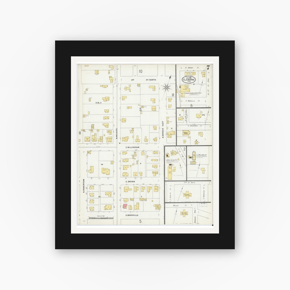 Old map wall art mockup — black gallery frame with white mat — Sanborn Fire Insurance Map from Cleburne, Johnson County, Texas (1898), Sheet #0007
