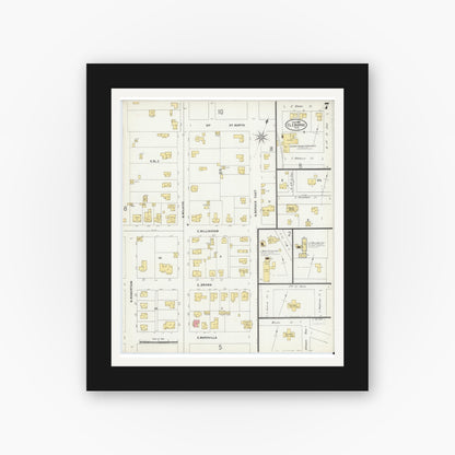 Old map wall art mockup — black gallery frame with white mat — Sanborn Fire Insurance Map from Cleburne, Johnson County, Texas (1898), Sheet #0007