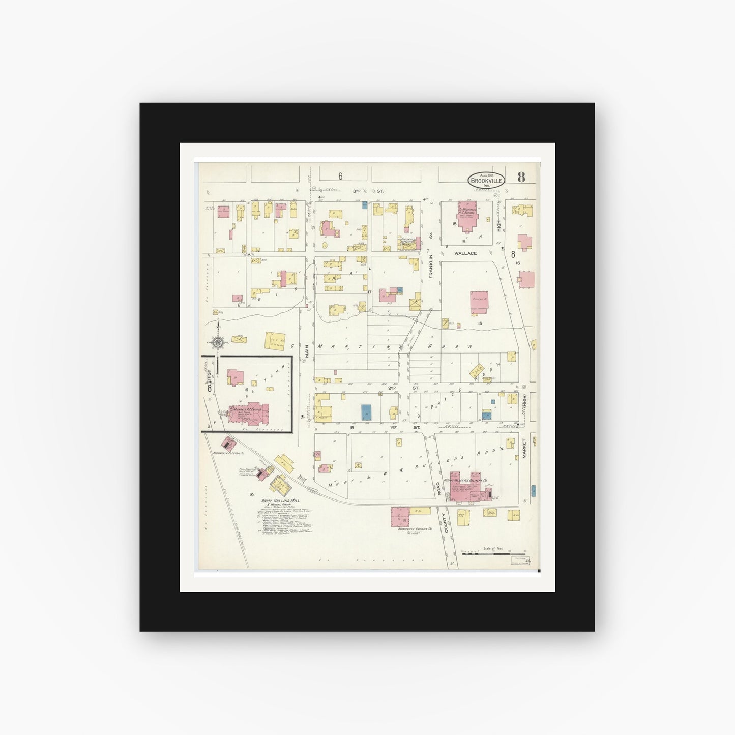 Old map wall art mockup — black gallery frame with white mat — Sanborn Fire Insurance Map from Brookville, Franklin County, Indiana (1913), Sheet #0008