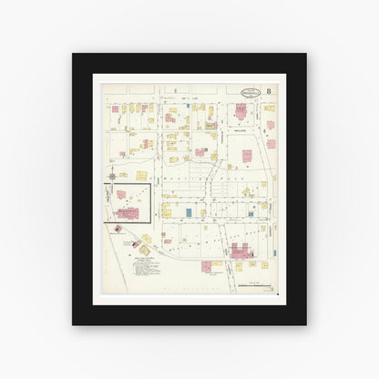 Old map wall art mockup — black gallery frame with white mat — Sanborn Fire Insurance Map from Brookville, Franklin County, Indiana (1913), Sheet #0008