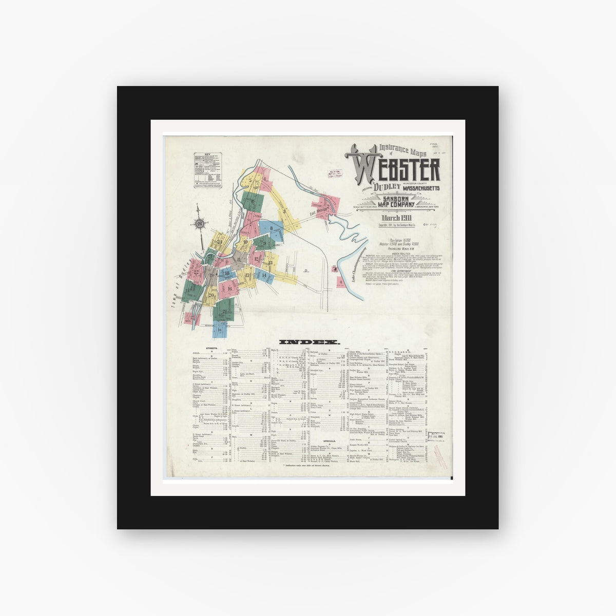Old map wall art mockup — black gallery frame with white mat — Sanborn Fire Insurance Map from Webster, Worcester County, Massachusetts (1911), Sheet #0001