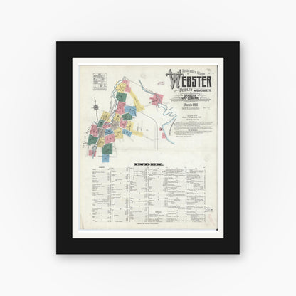 Old map wall art mockup — black gallery frame with white mat — Sanborn Fire Insurance Map from Webster, Worcester County, Massachusetts (1911), Sheet #0001