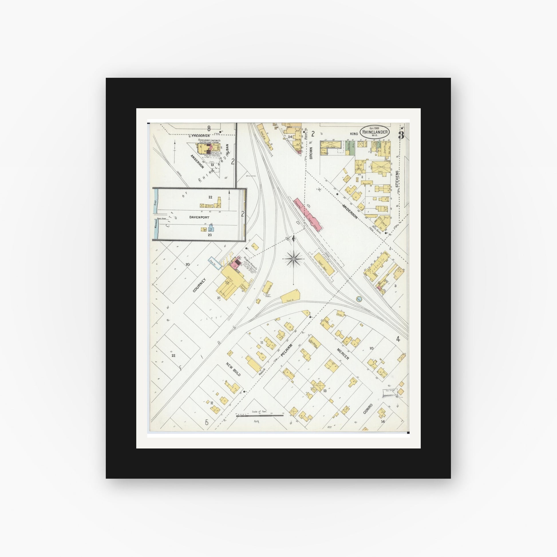 Old map wall art mockup — black gallery frame with white mat — Sanborn Fire Insurance Map from Rhinelander, Oneida County, Wisconsin (1900), Sheet #0003