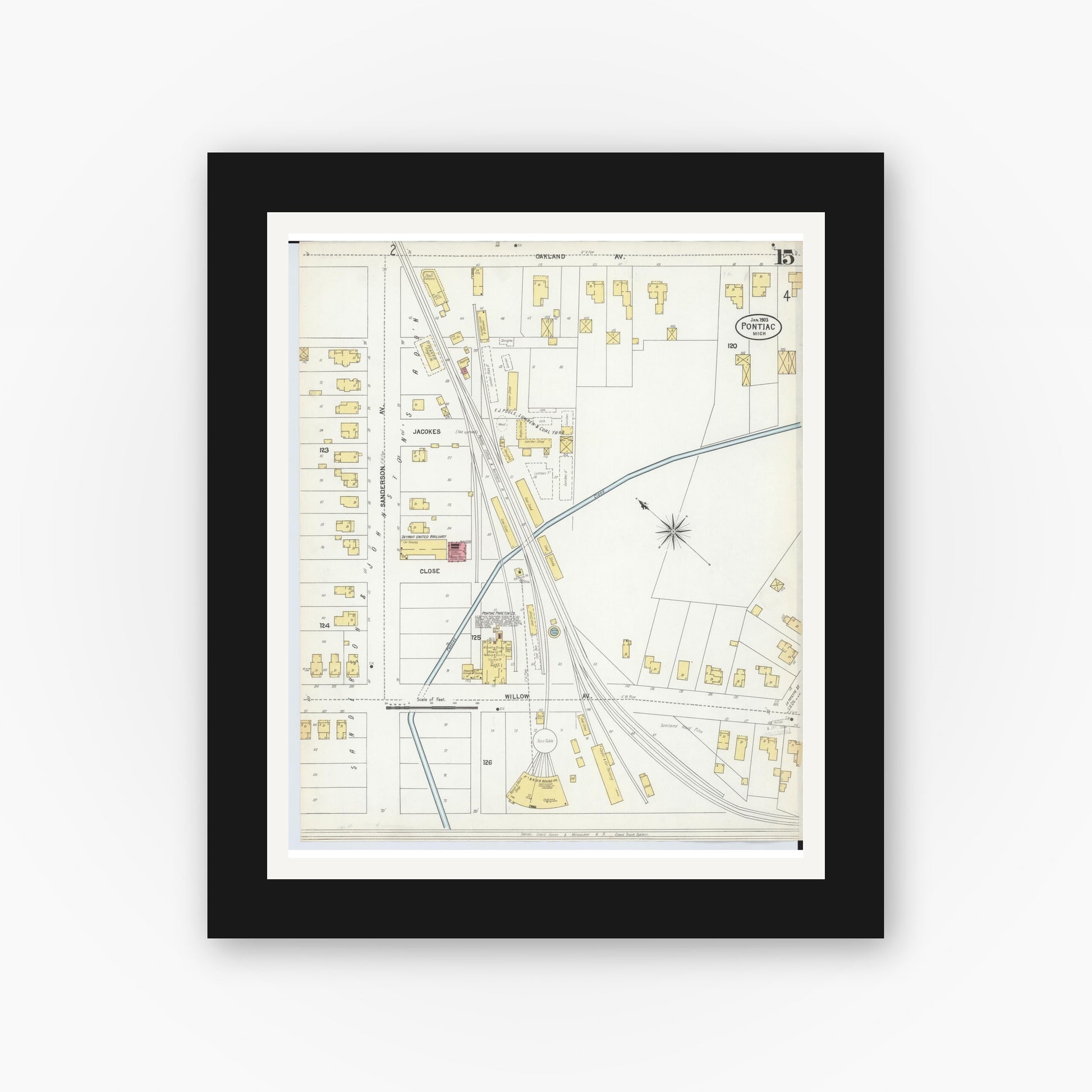 Old map wall art mockup — black gallery frame with white mat — Sanborn Fire Insurance Map from Pontiac, Oakland County, Michigan (1903), Sheet #0015