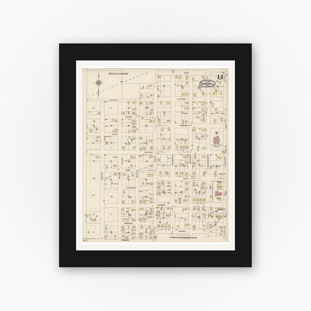 Old map wall art mockup — black gallery frame with white mat — Sanborn Fire Insurance Map from Gainesville, Cooke County, Texas (1922), Sheet #0014
