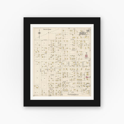 Old map wall art mockup — black gallery frame with white mat — Sanborn Fire Insurance Map from Gainesville, Cooke County, Texas (1922), Sheet #0014