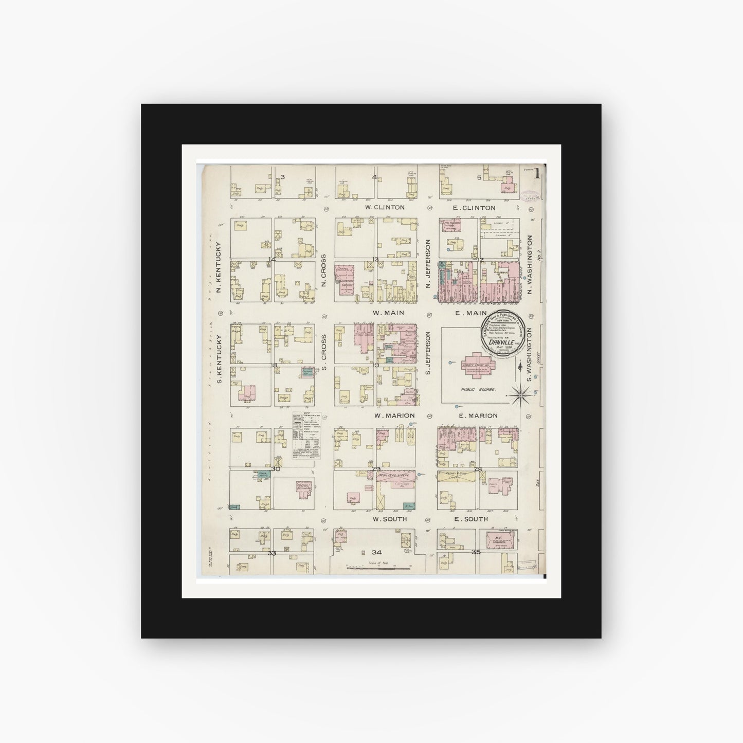Old map wall art mockup — black gallery frame with white mat — Sanborn Fire Insurance Map from Danville, Hendricks County, Indiana (1886), Sheet #0001