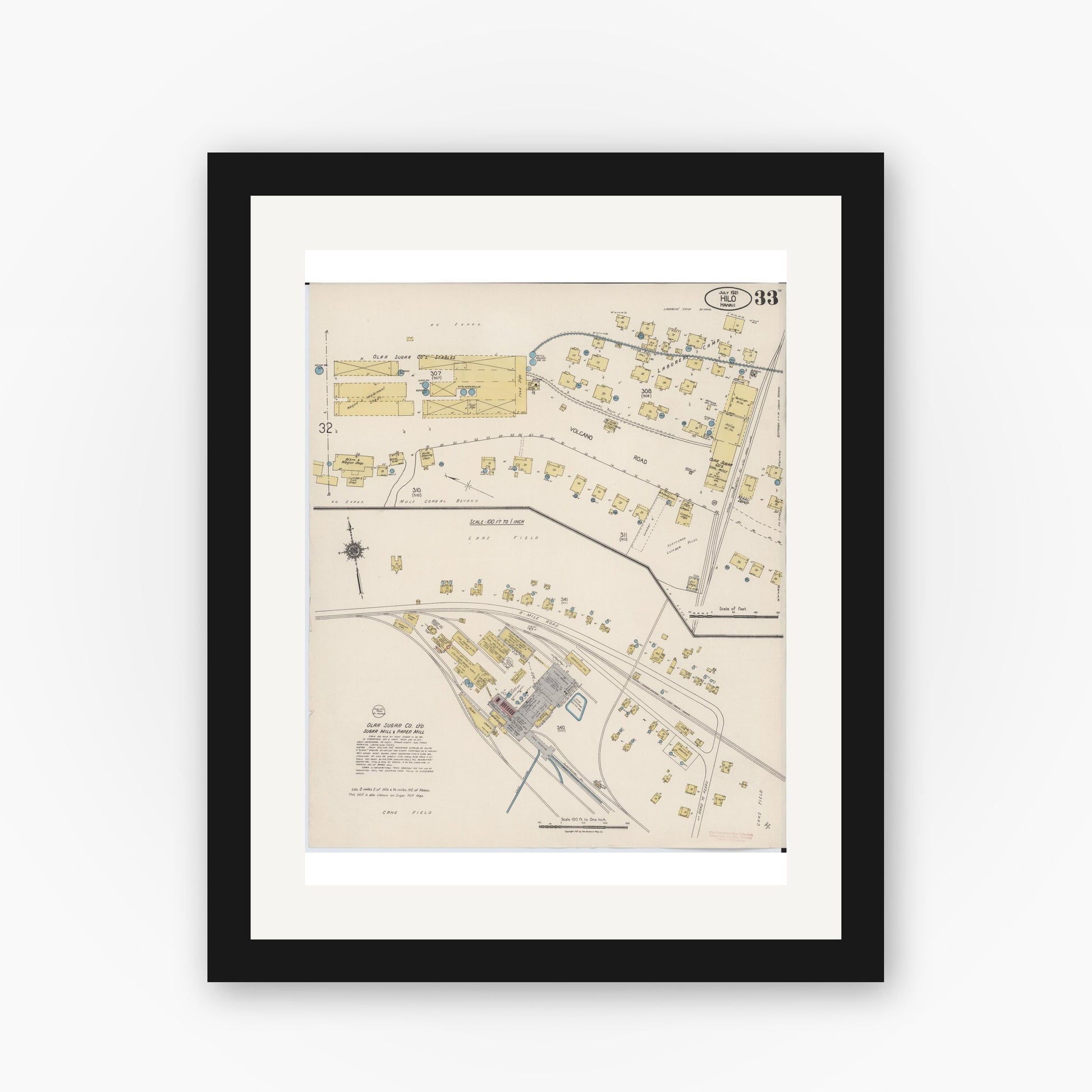 Old map wall art mockup — black gallery frame with white mat — Sanborn Fire Insurance Map from Hilo, Hawaii County, Hawaii (1921), Sheet #0033