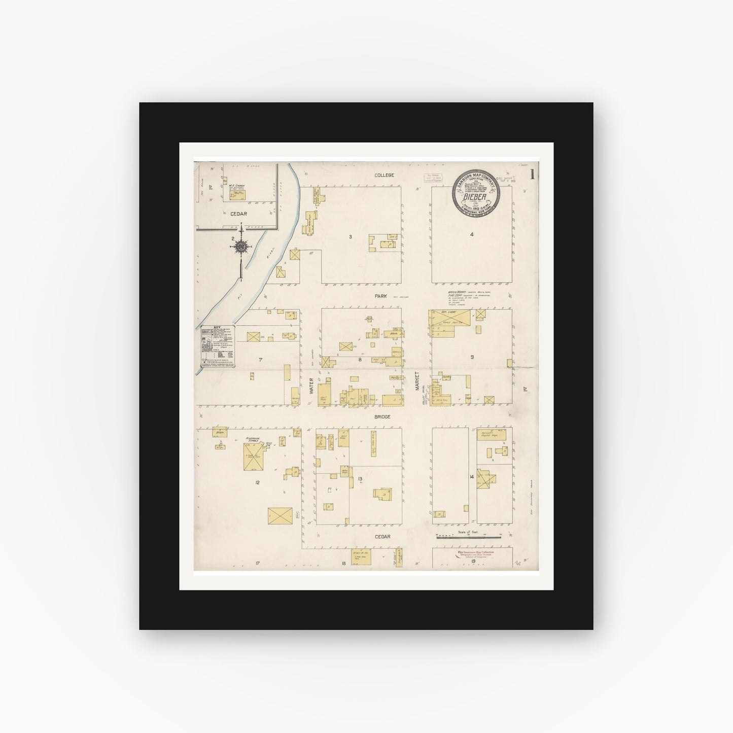Old map wall art mockup — black gallery frame with white mat — Sanborn Fire Insurance Map from Bieber, Lassen County, California (1912), Sheet #0001