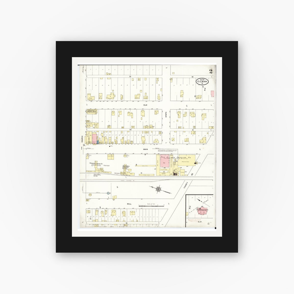 Old map wall art mockup — black gallery frame with white mat — Sanborn Fire Insurance Map from Gilman, Marshall County, Iowa (1911), Sheet #0002
