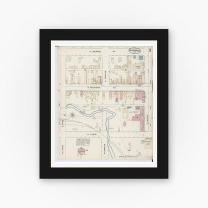 Old map wall art mockup — black gallery frame with white mat — Sanborn Fire Insurance Map from Big Rapids, Mecosta County, Michigan (1884), Sheet #0003