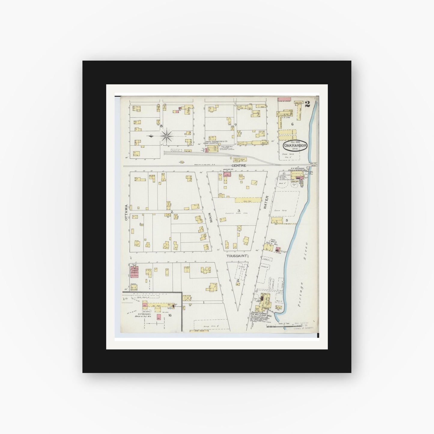 Old map wall art mockup — black gallery frame with white mat — Sanborn Fire Insurance Map from Oak Harbor, Ottawa County, Ohio (1893), Sheet #0002