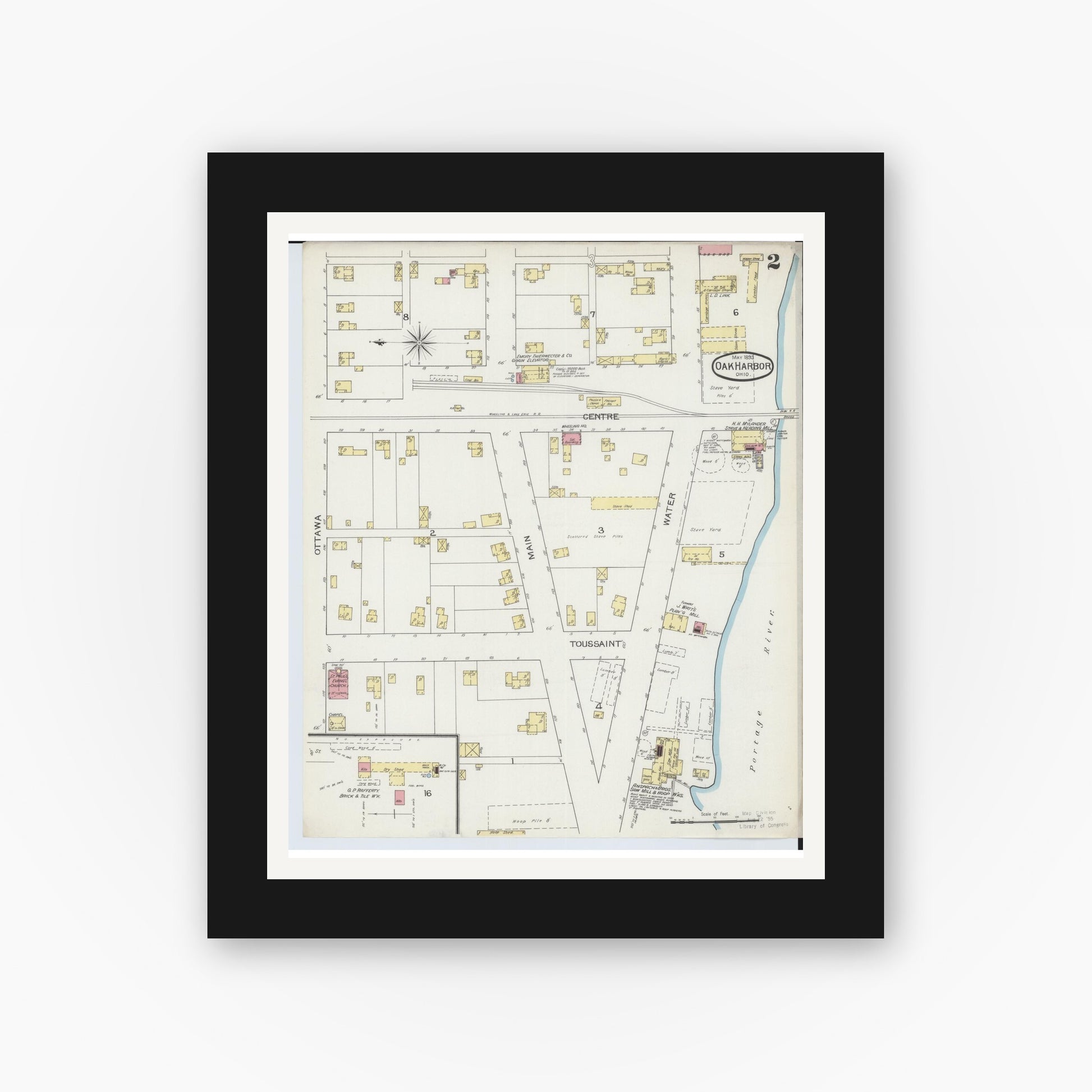 Old map wall art mockup — black gallery frame with white mat — Sanborn Fire Insurance Map from Oak Harbor, Ottawa County, Ohio (1893), Sheet #0002