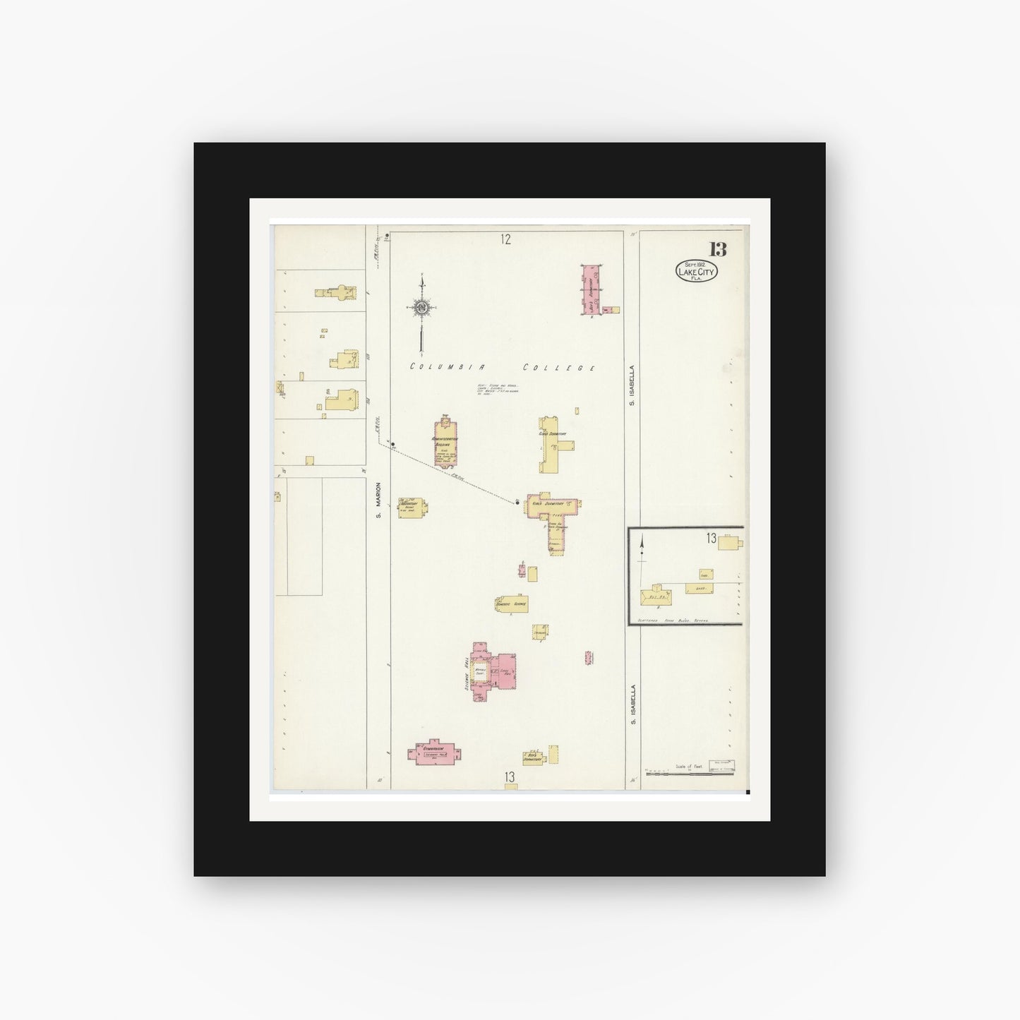 Old map wall art mockup — black gallery frame with white mat — Sanborn Fire Insurance Map from Lake City, Columbia County, Florida (1912), Sheet #0013
