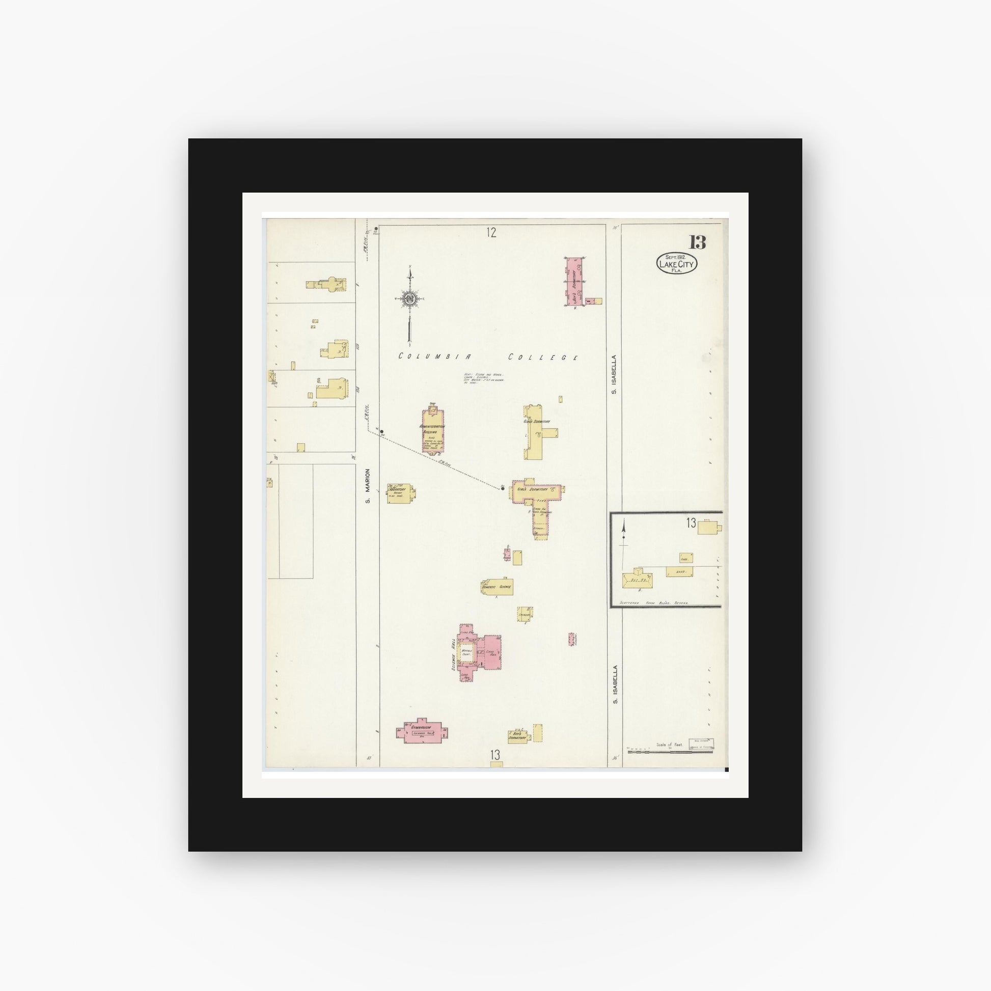 Old map wall art mockup — black gallery frame with white mat — Sanborn Fire Insurance Map from Lake City, Columbia County, Florida (1912), Sheet #0013