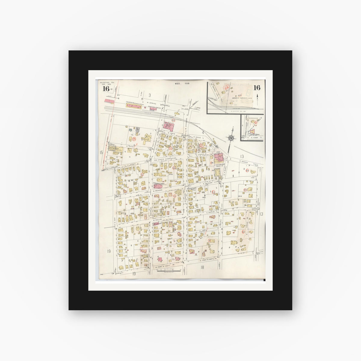 Old map wall art mockup — black gallery frame with white mat — Sanborn Fire Insurance Map from Palestine, Anderson County, Texas (1949), Sheet #0016