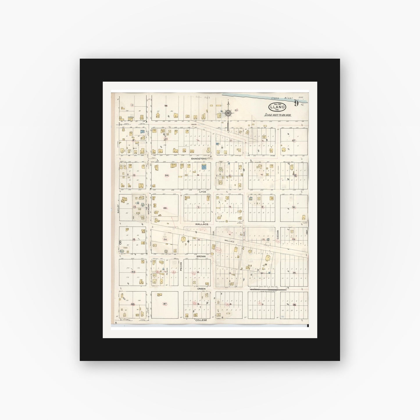 Old map wall art mockup — black gallery frame with white mat — Sanborn Fire Insurance Map from Llano, Llano County, Texas (1942), Sheet #0009