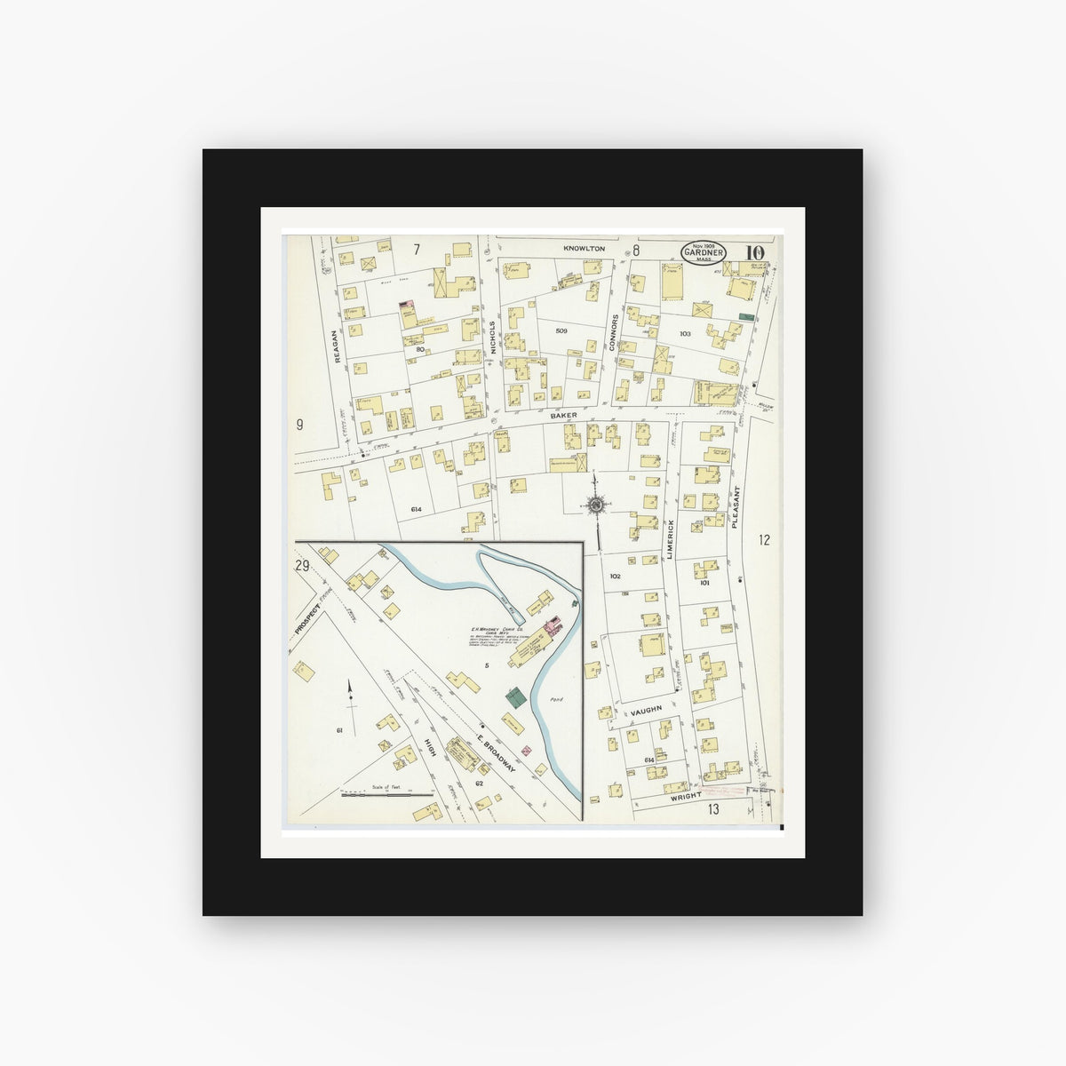 Old map wall art mockup — black gallery frame with white mat — Sanborn Fire Insurance Map from Gardner, Worcester County, Massachusetts (1909), Sheet #0010