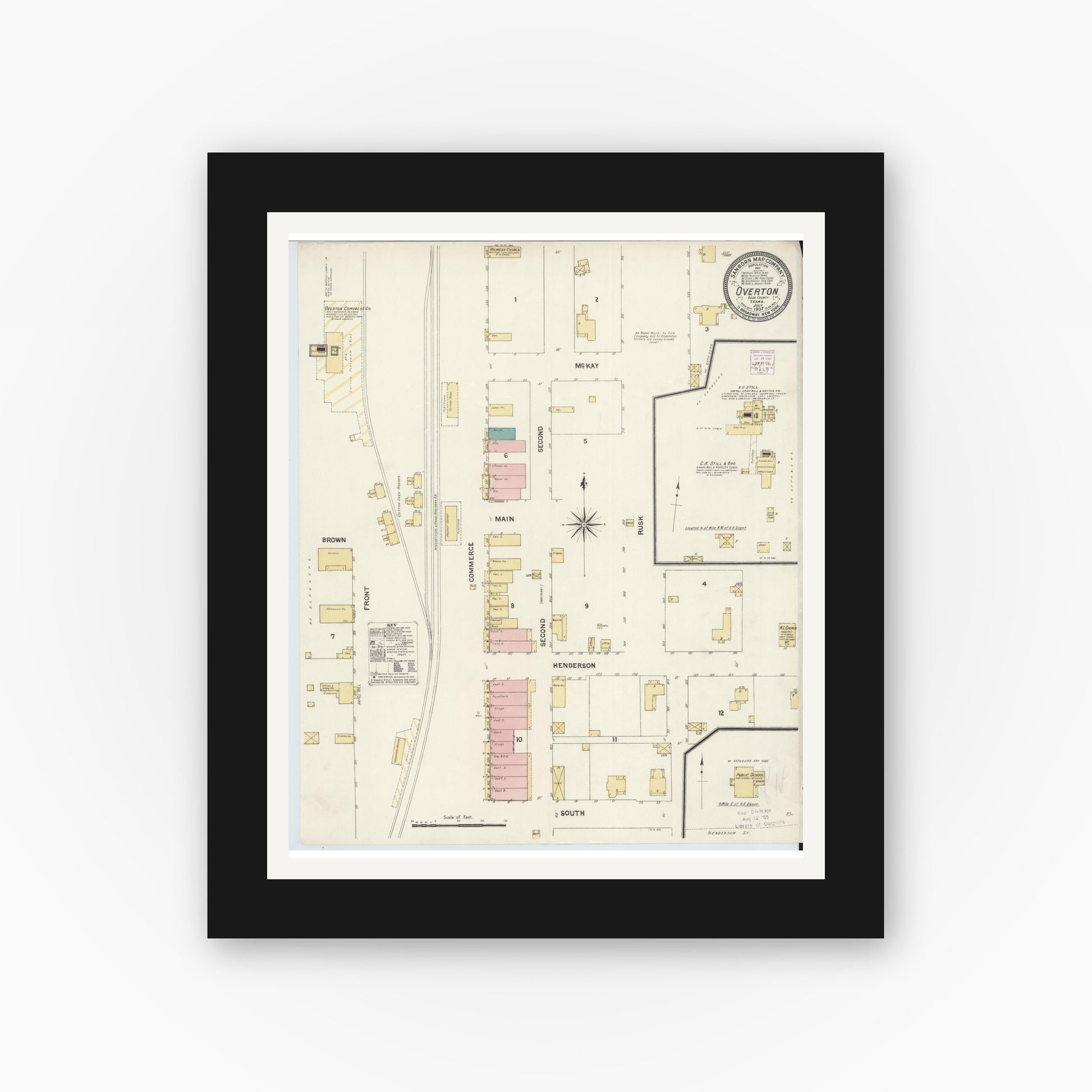 Old map wall art mockup — black gallery frame with white mat — Sanborn Fire Insurance Map from Overton, Rusk County, Texas (1907), Sheet #0001