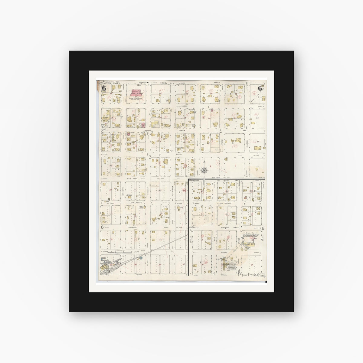 Old map wall art mockup — black gallery frame with white mat — Sanborn Fire Insurance Map from Henrietta, Clay County, Texas (1944), Sheet #0006