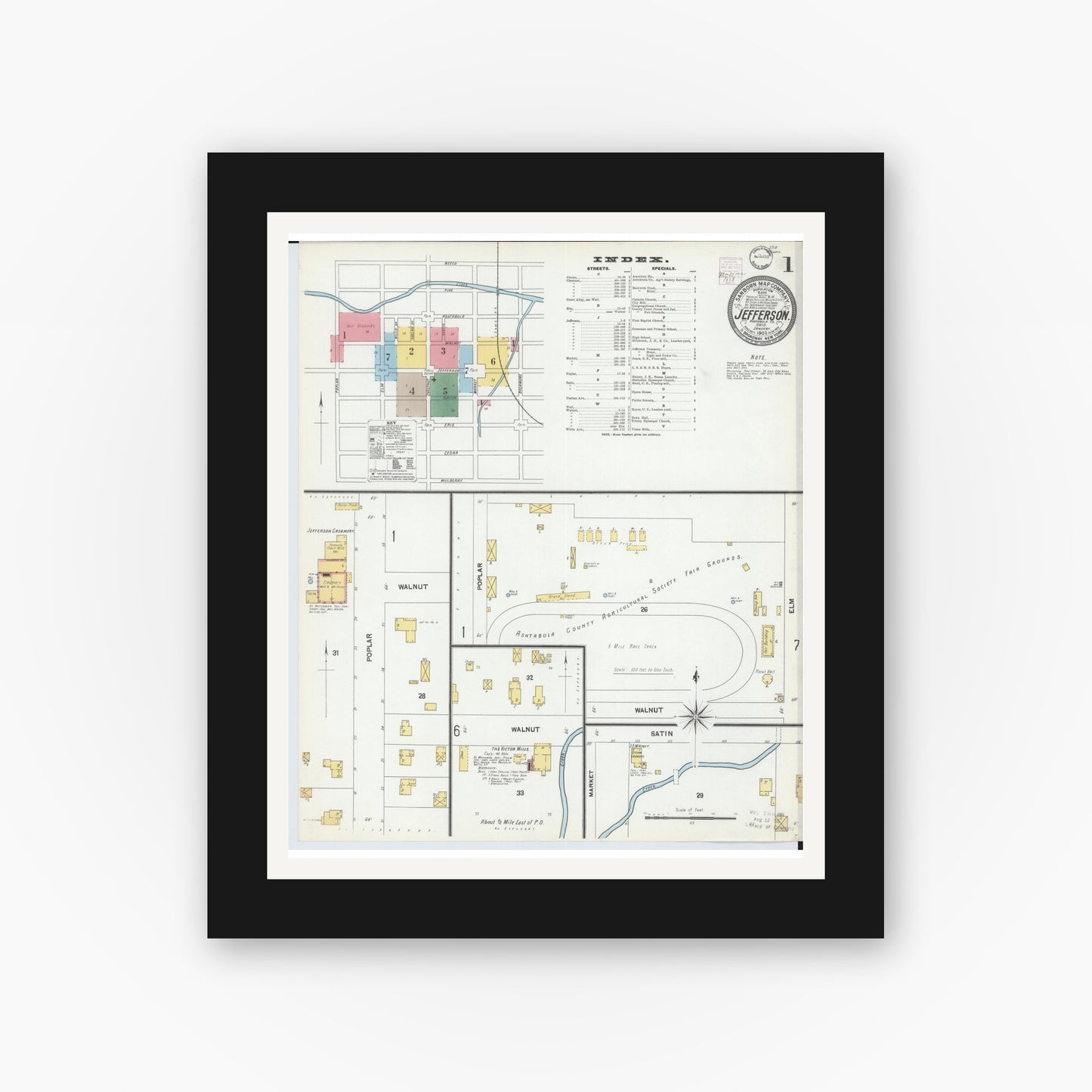 Old map wall art mockup — black gallery frame with white mat — Sanborn Fire Insurance Map from Jefferson, Ashtabula County, Ohio (1902), Sheet #0001