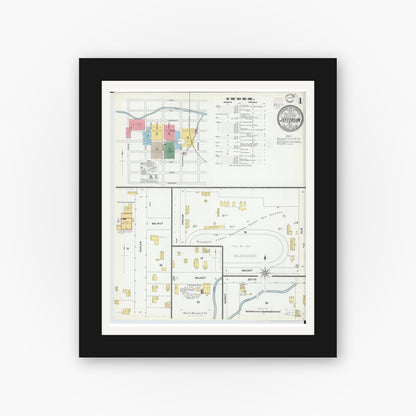 Old map wall art mockup — black gallery frame with white mat — Sanborn Fire Insurance Map from Jefferson, Ashtabula County, Ohio (1902), Sheet #0001