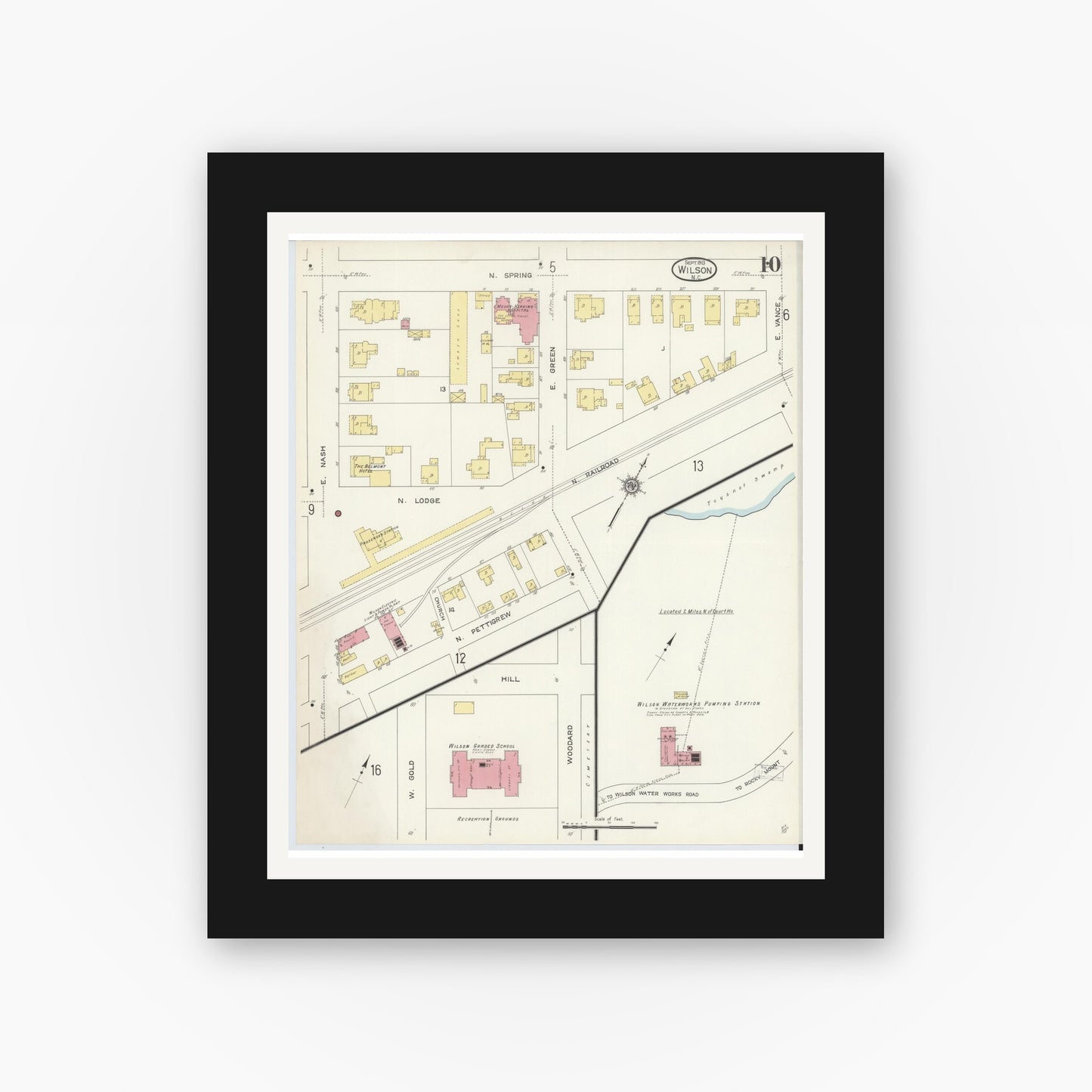 Old map wall art mockup — black gallery frame with white mat — Sanborn Fire Insurance Map from Wilson, Wilson County, North Carolina (1913), Sheet #0010