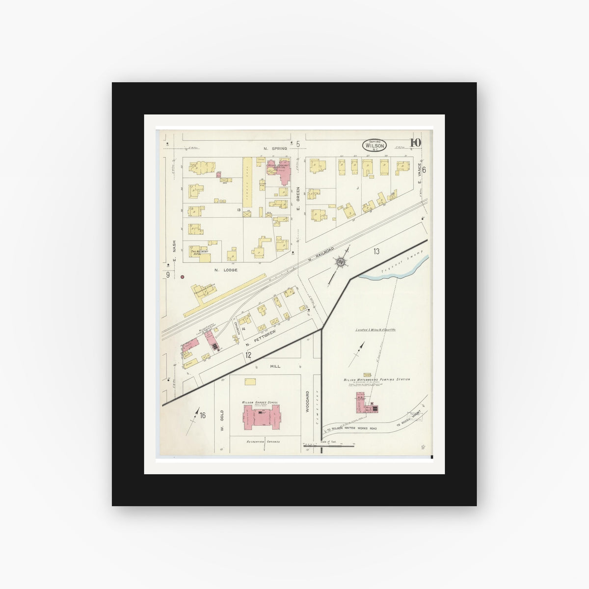 Old map wall art mockup — black gallery frame with white mat — Sanborn Fire Insurance Map from Wilson, Wilson County, North Carolina (1913), Sheet #0010