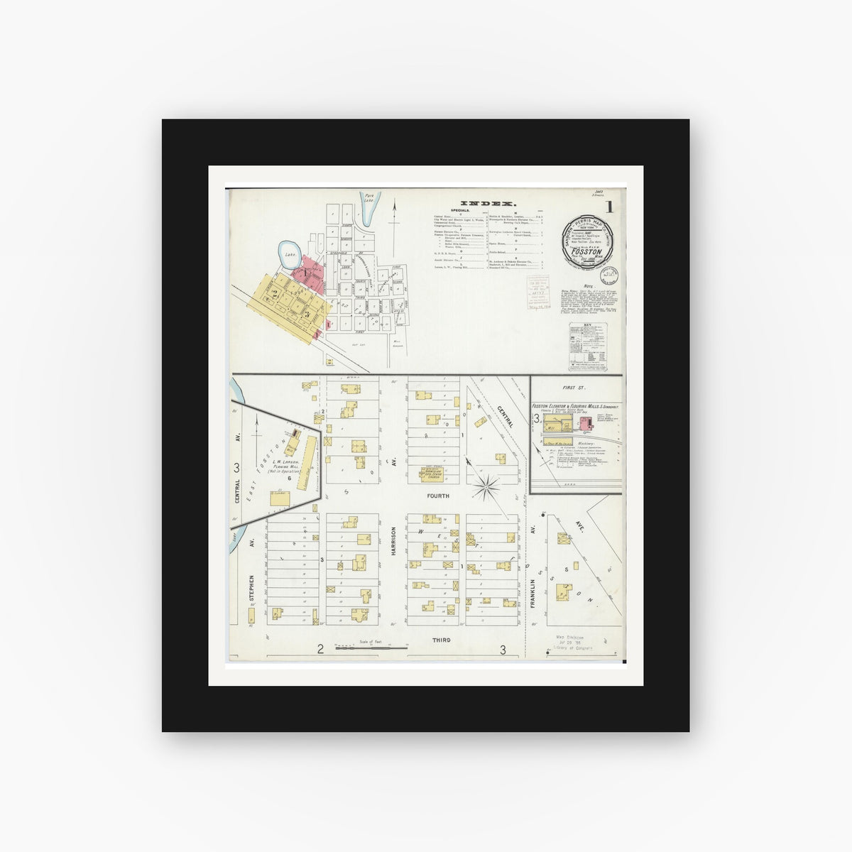 Old map wall art mockup — black gallery frame with white mat — Sanborn Fire Insurance Map from Fosston, Polk County, Minnesota (1899) - Complete Map Set