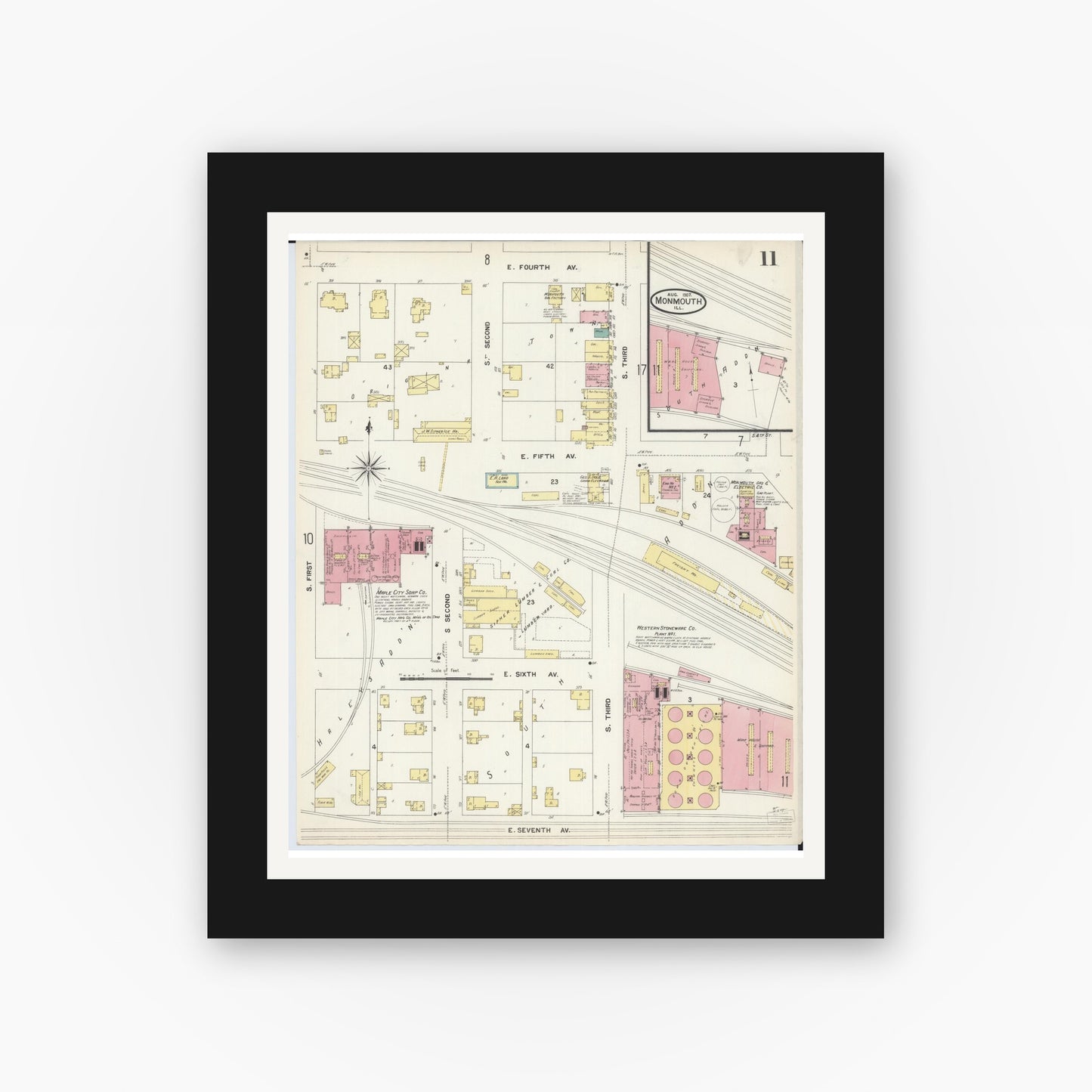 Old map wall art mockup — black gallery frame with white mat — Sanborn Fire Insurance Map from Monmouth, Warren County, Illinois (1907), Sheet #0011