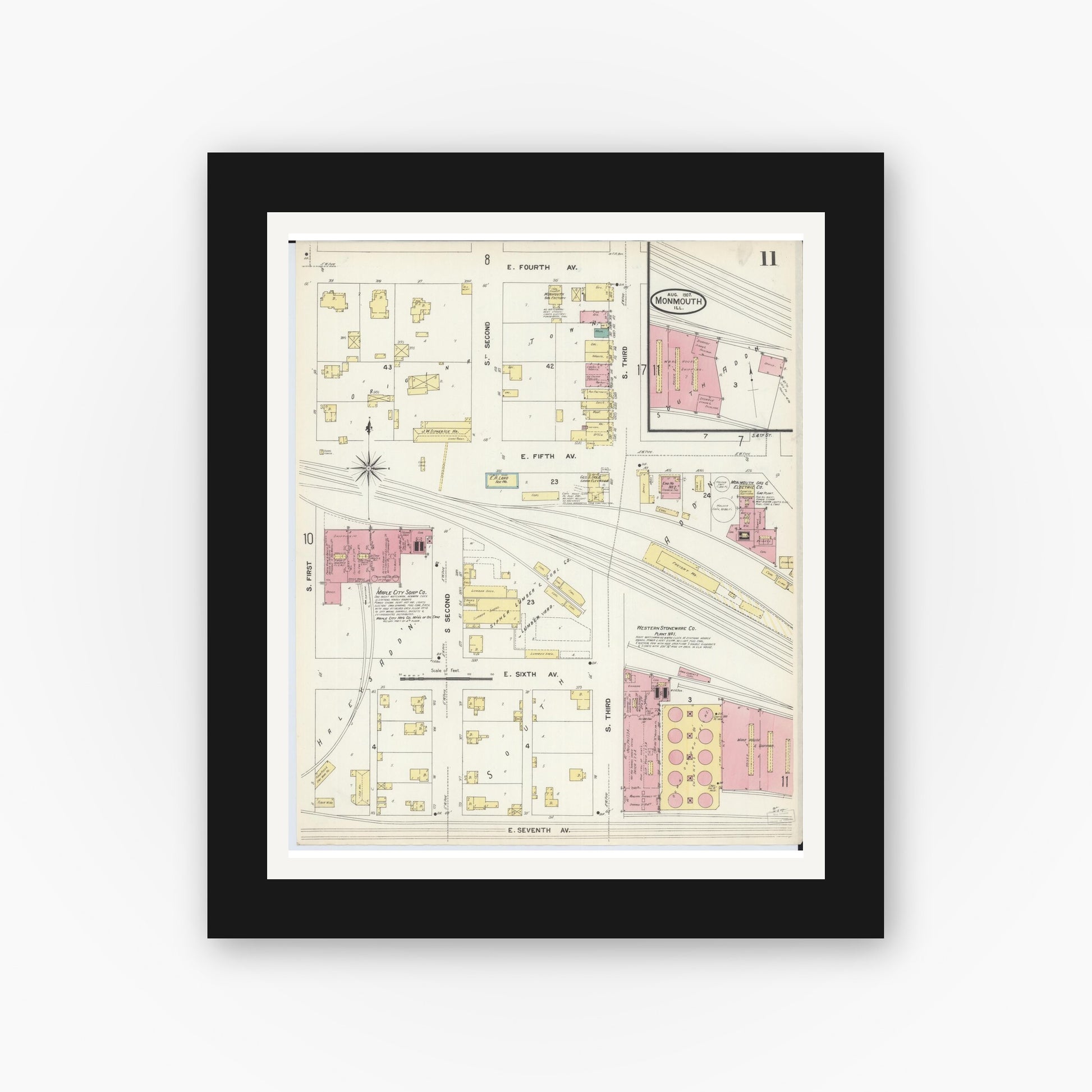 Old map wall art mockup — black gallery frame with white mat — Sanborn Fire Insurance Map from Monmouth, Warren County, Illinois (1907), Sheet #0011