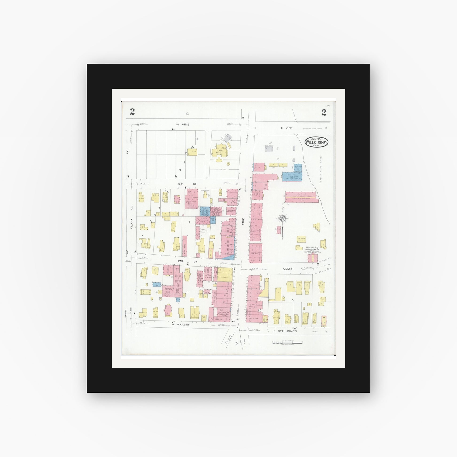 Old map wall art mockup — black gallery frame with white mat — Sanborn Fire Insurance Map from Willoughby, Lake County, Ohio (1931), Sheet #0002