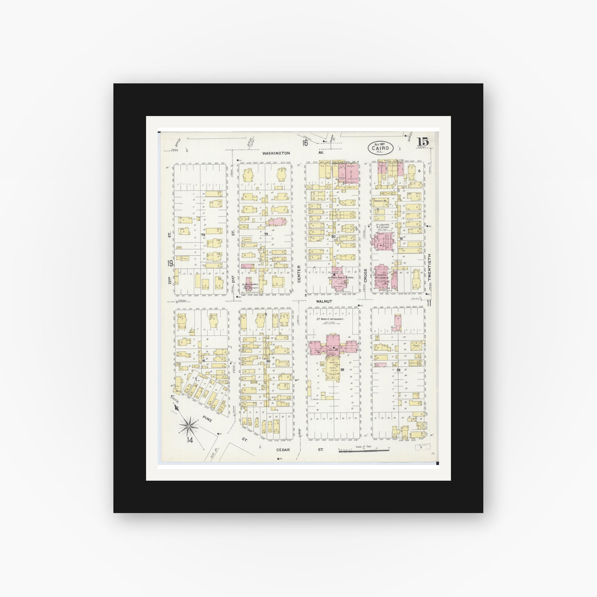 Old map wall art mockup — black gallery frame with white mat — Sanborn Fire Insurance Map from Cairo, Alexander County, Illinois (1907), Sheet #0015