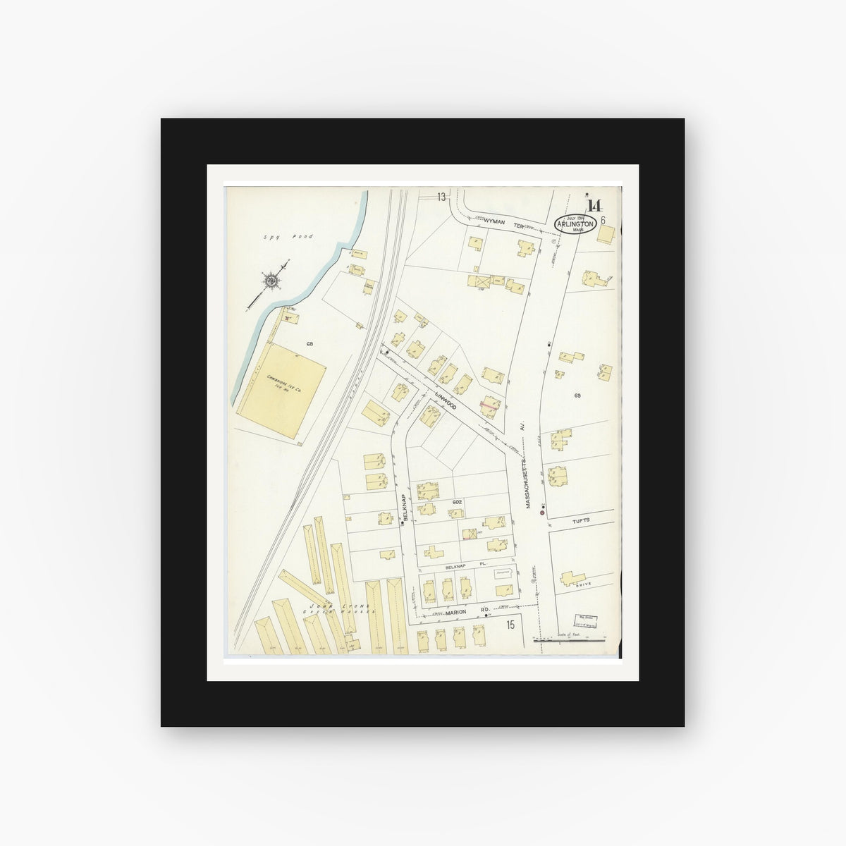 Old map wall art mockup — black gallery frame with white mat — Sanborn Fire Insurance Map from Arlington, Middlesex County, Massachusetts (1914), Sheet #0014