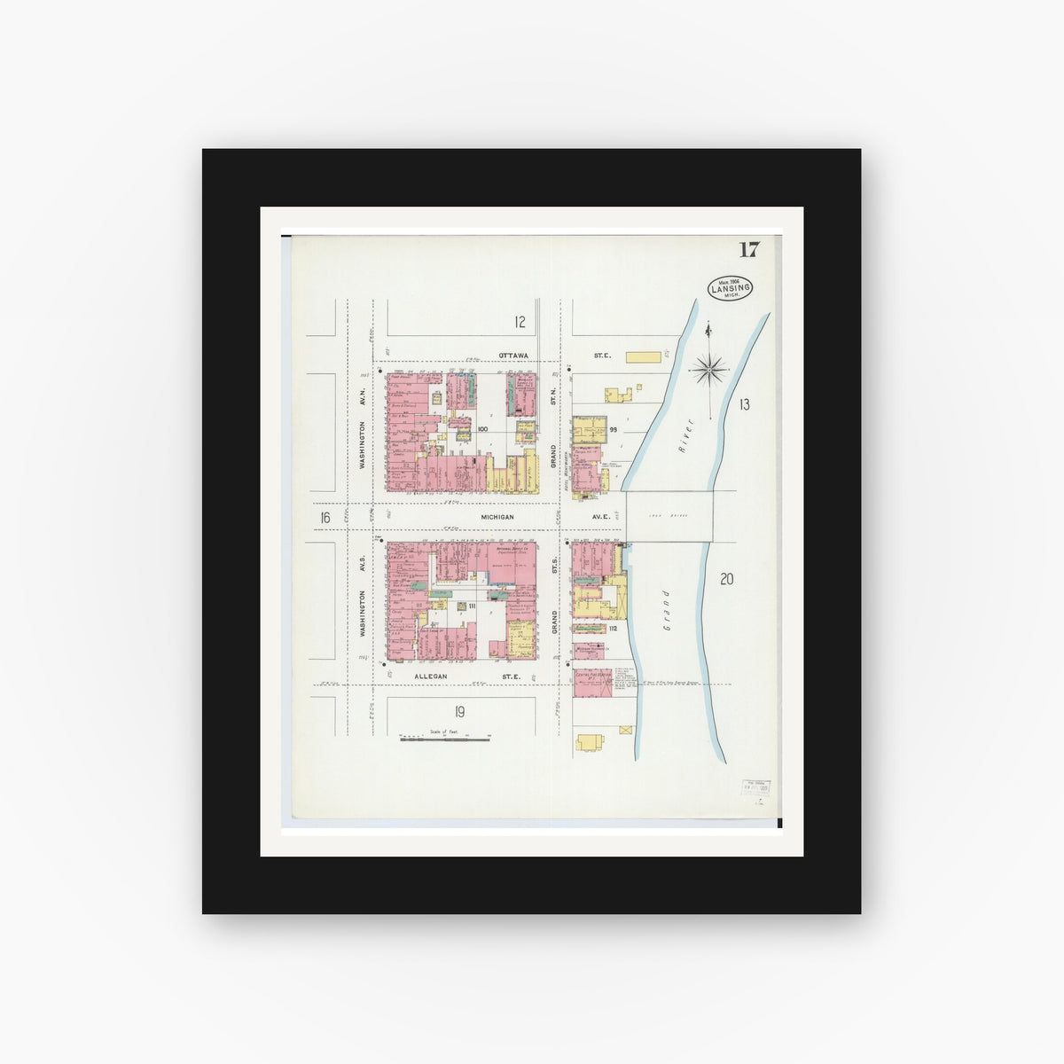 Old map wall art mockup — black gallery frame with white mat — Sanborn Fire Insurance Map from Lansing, Ingham County, Michigan (1906), Sheet #0017