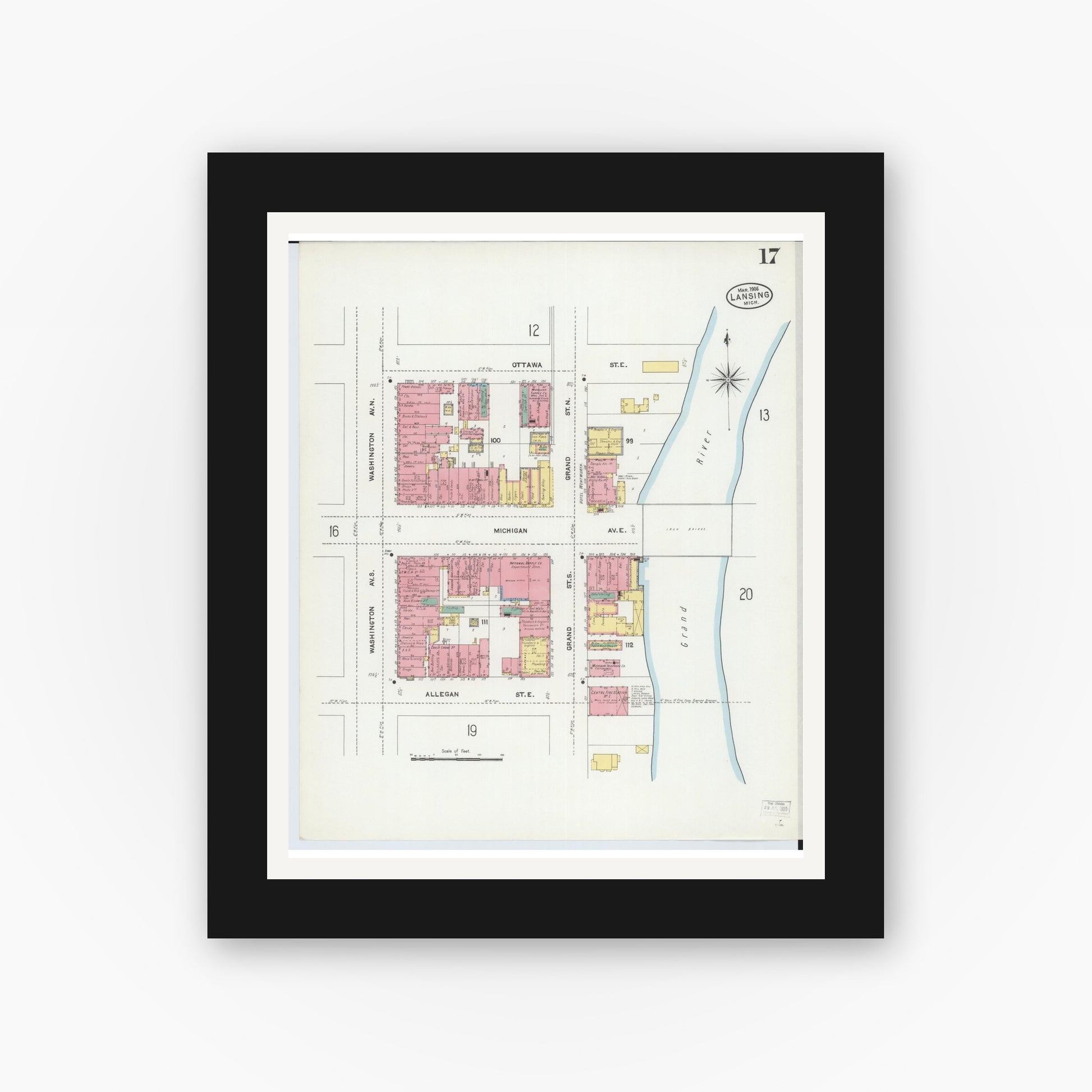 Old map wall art mockup — black gallery frame with white mat — Sanborn Fire Insurance Map from Lansing, Ingham County, Michigan (1906), Sheet #0017