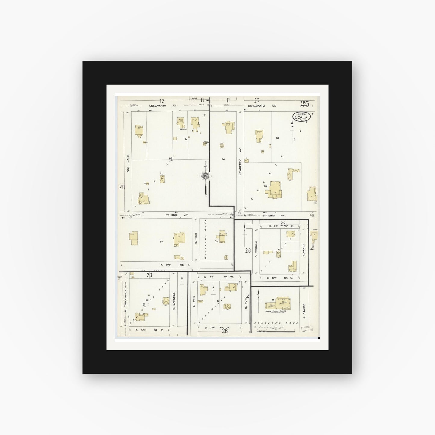 Old map wall art mockup — black gallery frame with white mat — Sanborn Fire Insurance Map from Ocala, Marion County, Florida (1912), Sheet #0025
