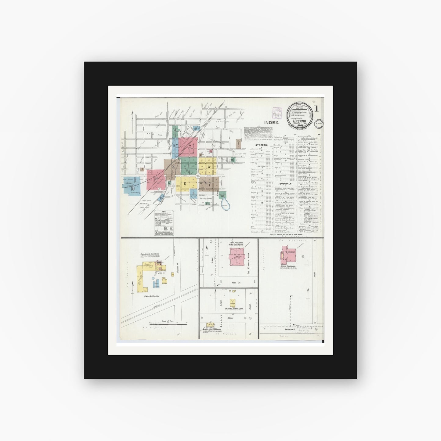 Old map wall art mockup — black gallery frame with white mat — Sanborn Fire Insurance Map from Urbana, Champaign County, Ohio (1901) - Complete Map Set
