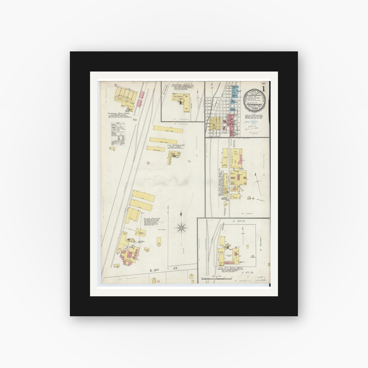 Old map wall art mockup — black gallery frame with white mat — Sanborn Fire Insurance Map from Fairmount, Grant County, Indiana (1893), Sheet #0001