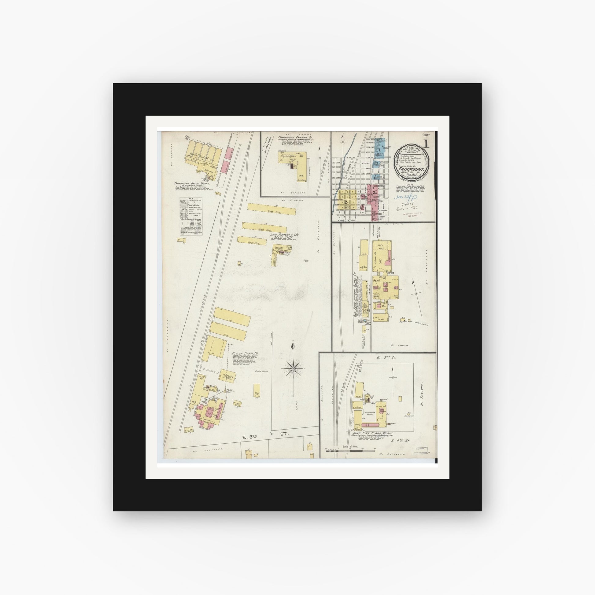 Old map wall art mockup — black gallery frame with white mat — Sanborn Fire Insurance Map from Fairmount, Grant County, Indiana (1893), Sheet #0001