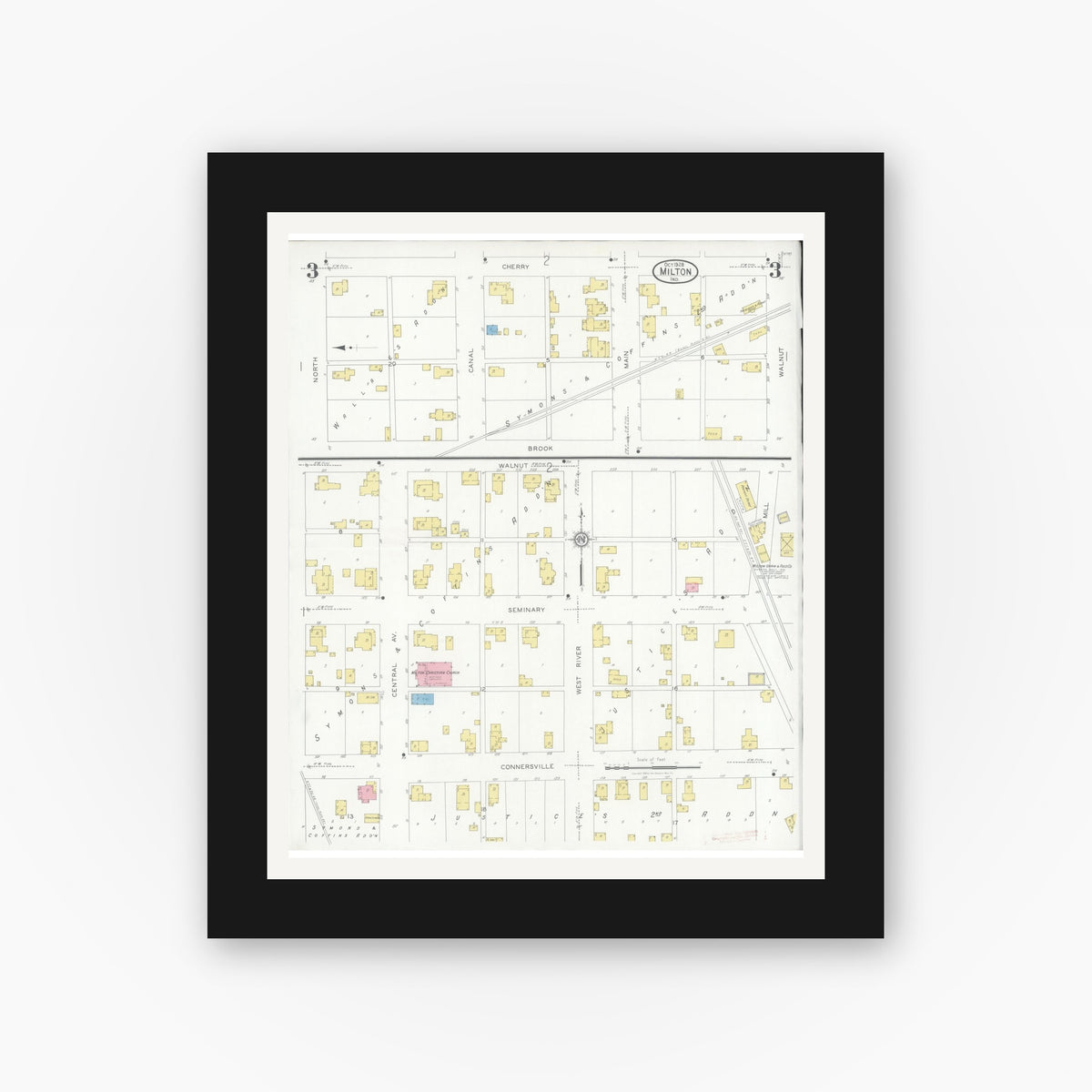 Old map wall art mockup — black gallery frame with white mat — Sanborn Fire Insurance Map from Milton, Wayne County, Indiana (1928), Sheet #0003