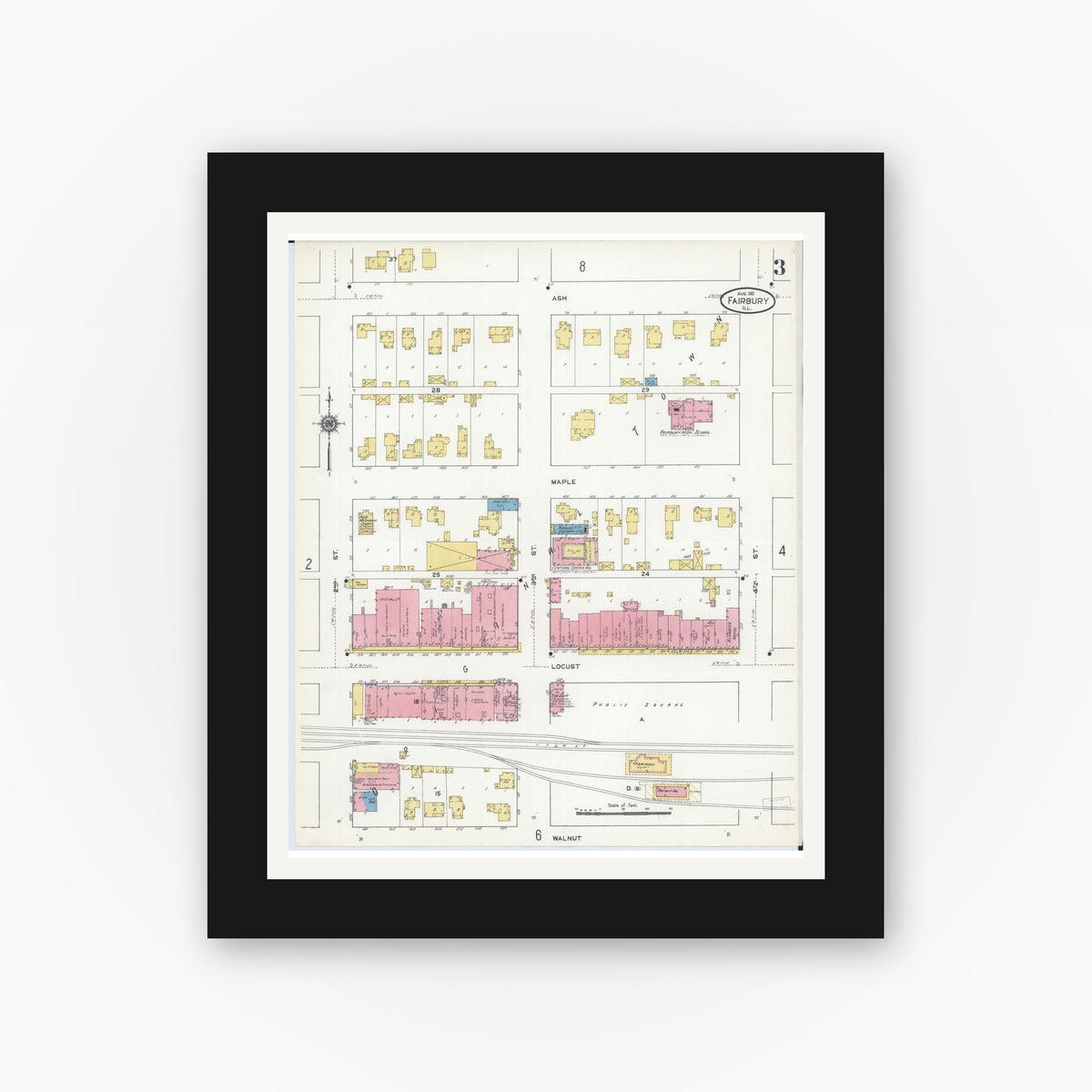 Old map wall art mockup — black gallery frame with white mat — Sanborn Fire Insurance Map from Fairbury, Livingston County, Illinois (1911), Sheet #0003