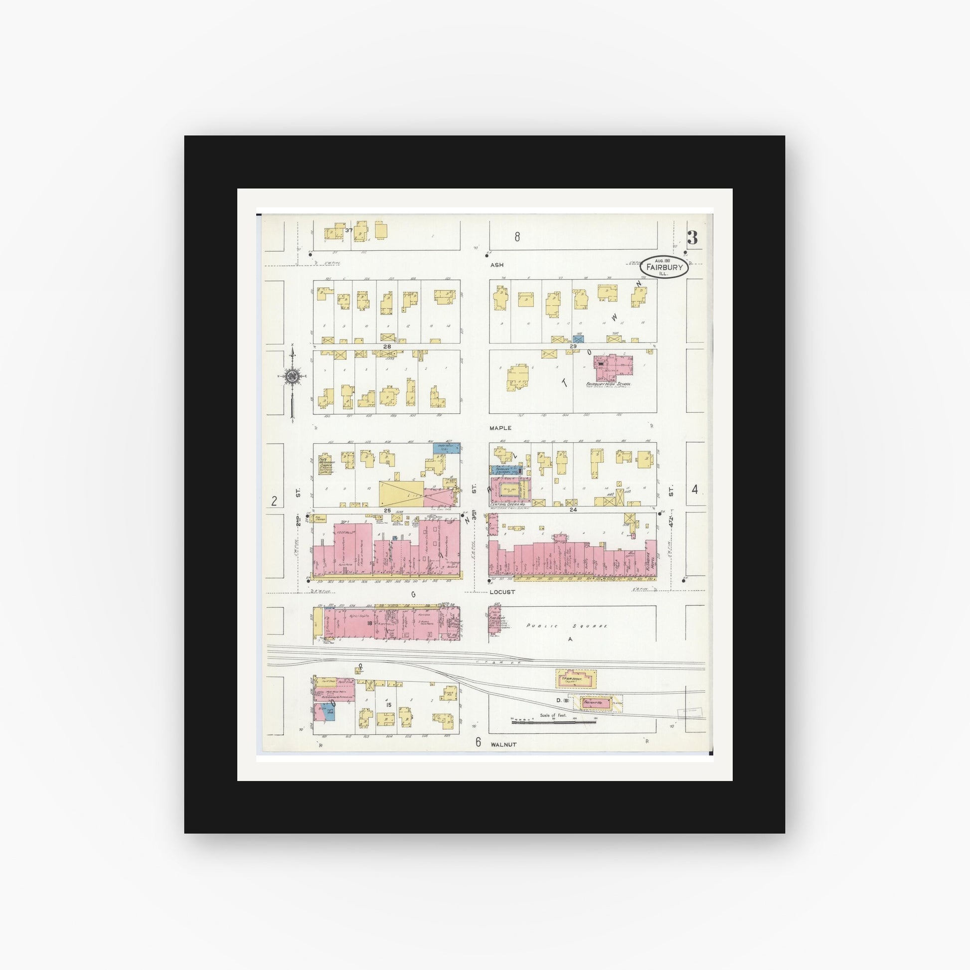 Old map wall art mockup — black gallery frame with white mat — Sanborn Fire Insurance Map from Fairbury, Livingston County, Illinois (1911), Sheet #0003