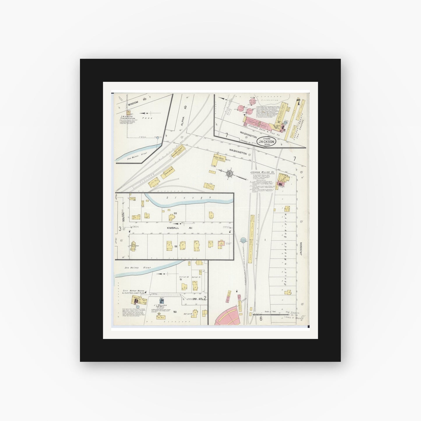 Old map wall art mockup — black gallery frame with white mat — Sanborn Fire Insurance Map from Jackson, Jackson County, Minnesota (1913), Sheet #0007